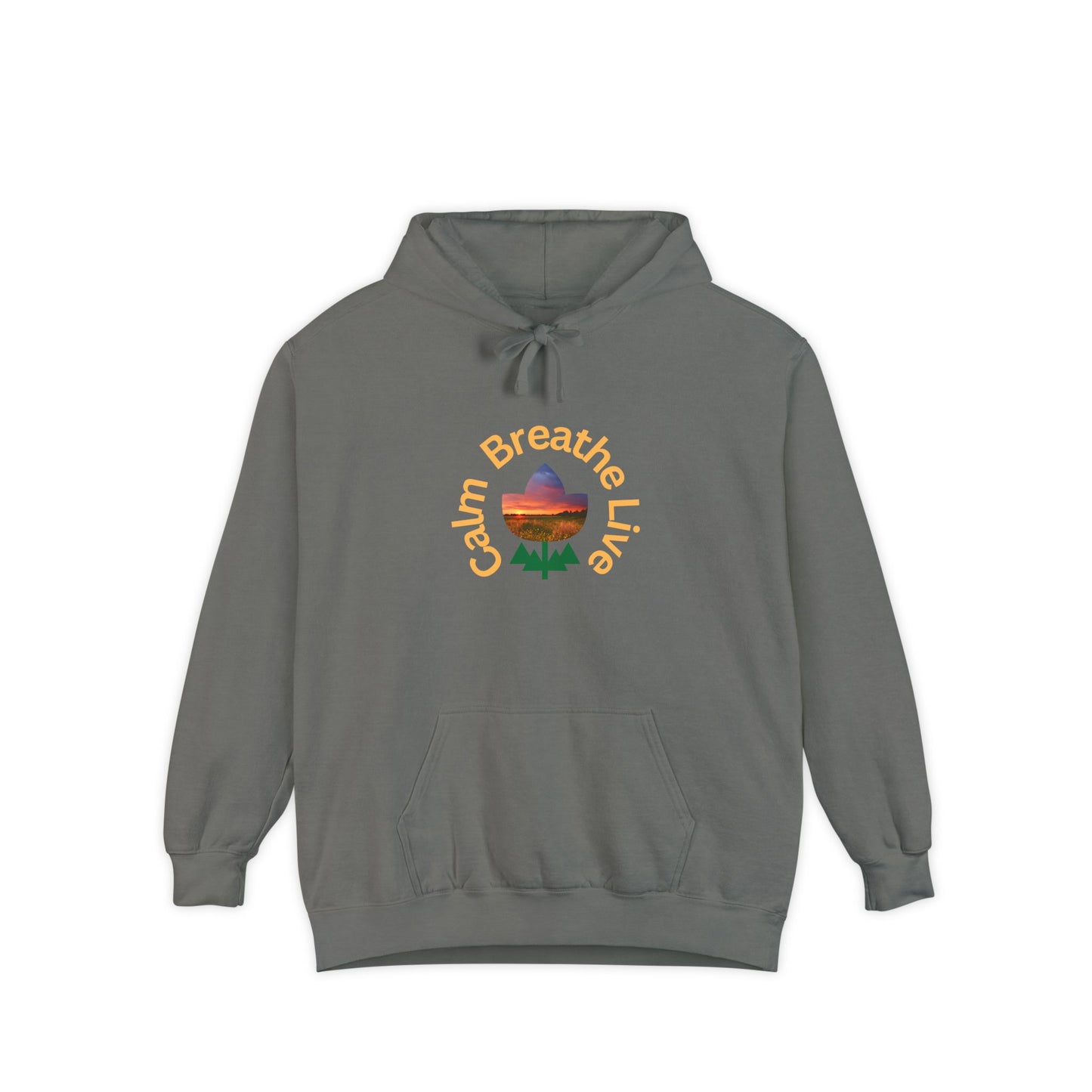 Gray hoodie with 'Calm Breathe Live' text and landscape graphic on a white background