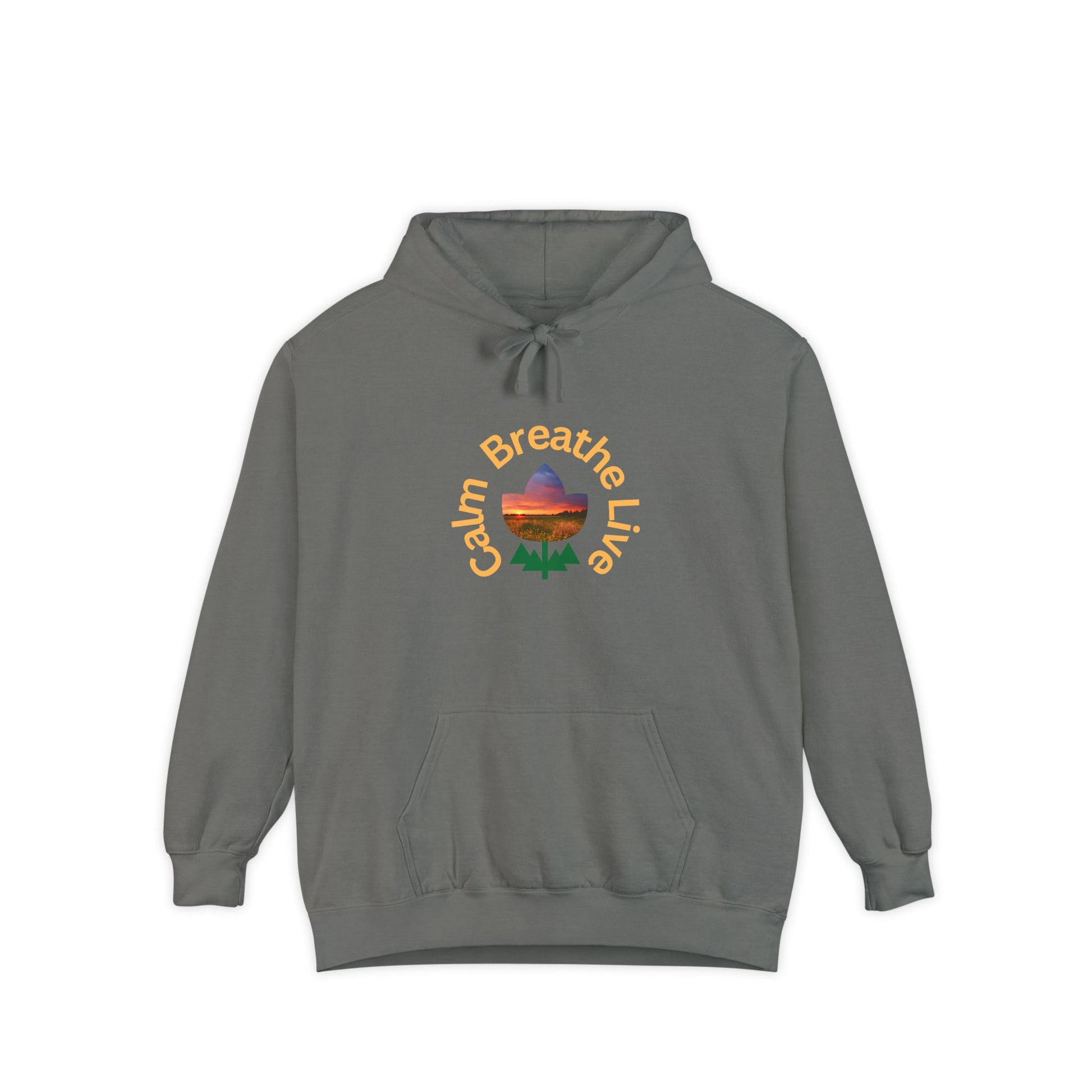 Gray hoodie with 'Calm Breathe Live' text and landscape graphic on a white background