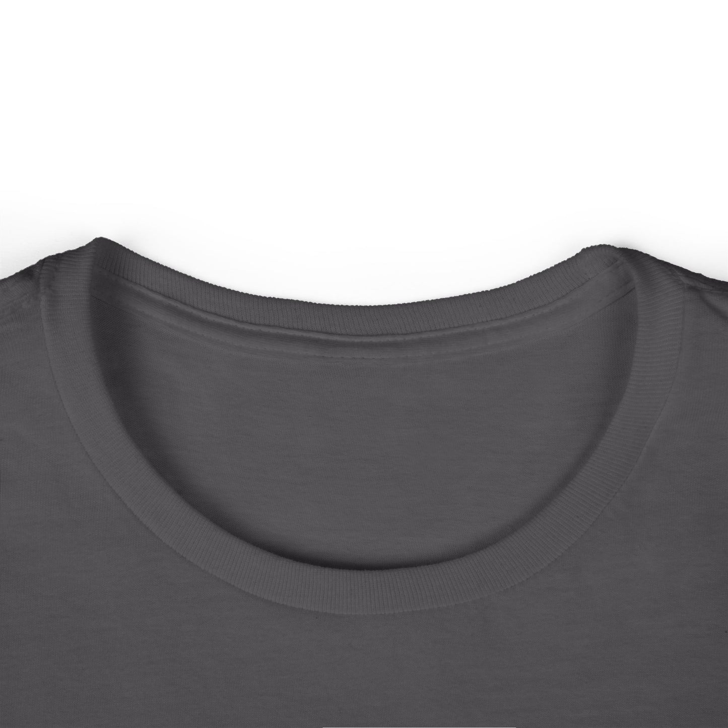 Close-up of a dark gray t-shirt collar on a white background