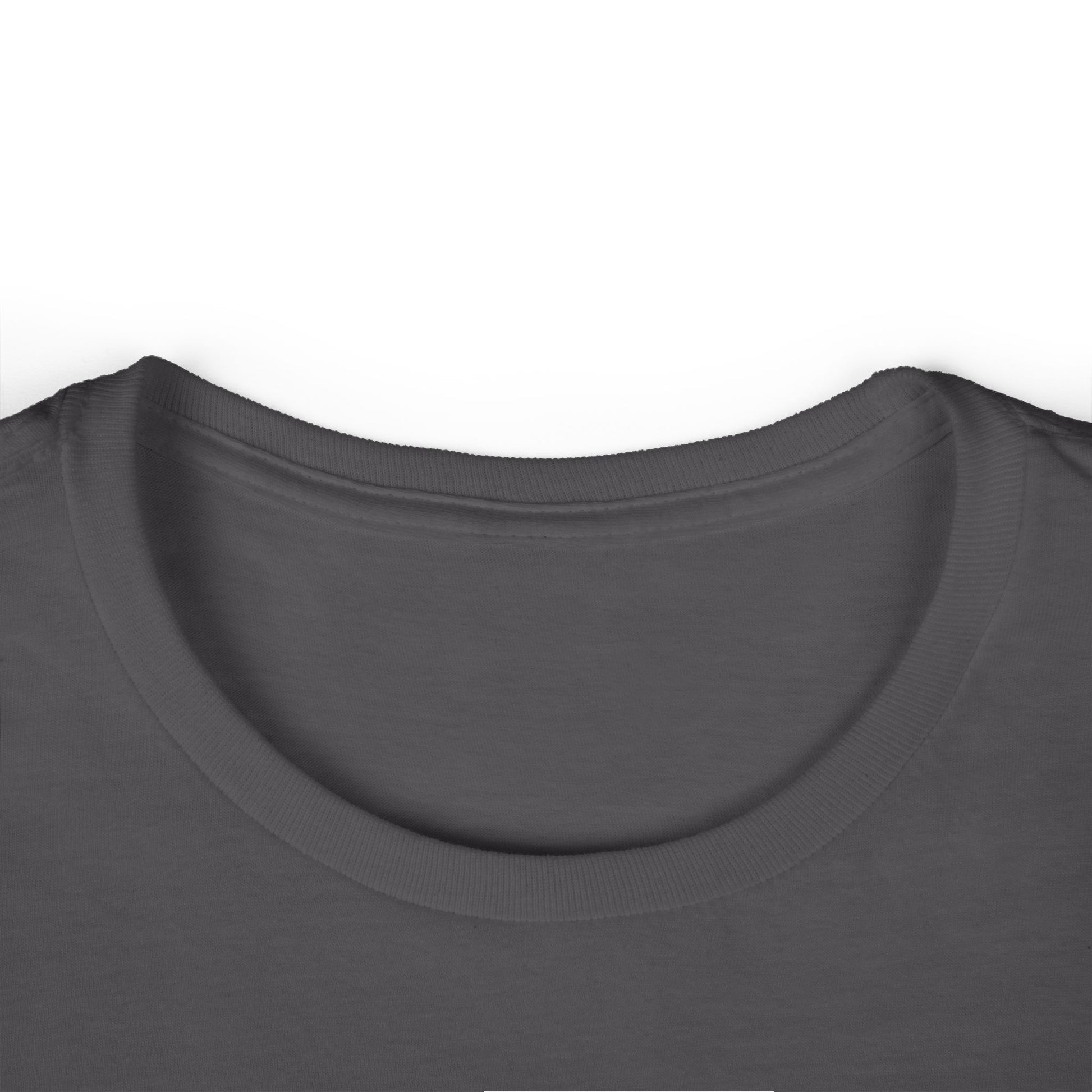 Close-up of a dark gray t-shirt collar on a white background