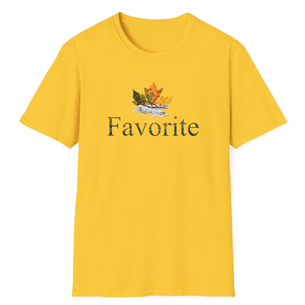 Yellow t-shirt with a colored fall leaf graphic design and the word 'Favorite' on a white background