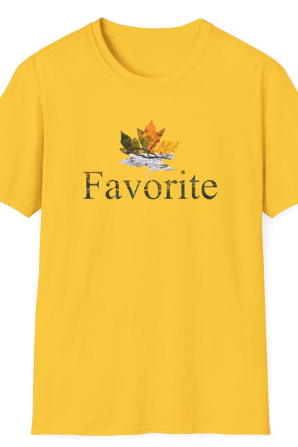 Yellow t-shirt with a colored fall leaf graphic design and the word 'Favorite' on a white background