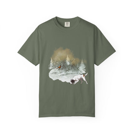 Dog & Pine Forest T-Shirt — Watercolor Hunting Pointer Tee