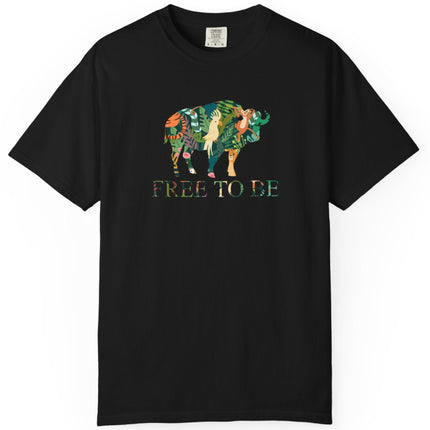 Black t-shirt with a colorful graphic of a buffalo and text 'FREE TO BE' on a white background
