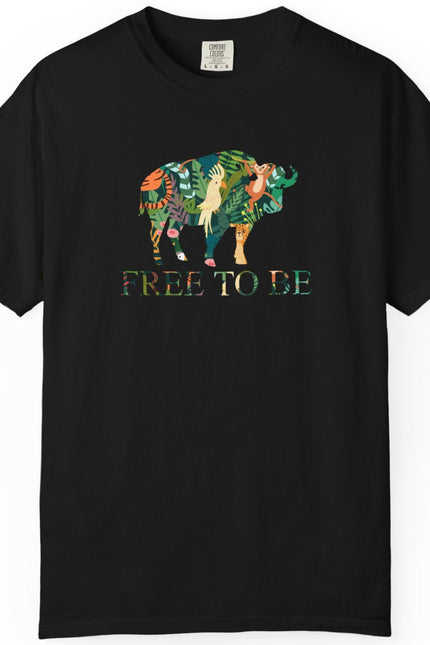 Black t-shirt with a colorful graphic of a buffalo and text 'FREE TO BE' on a white background