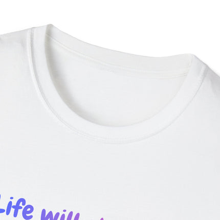 White t-shirt with purple text on a white background