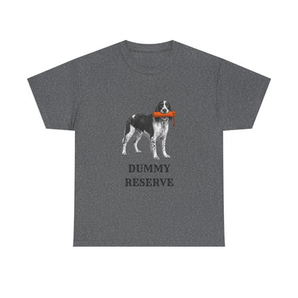 A dark heather gray short-sleeve t-shirt with a graphic of a black and white Springer Spaniel dog holding an orange training dummy in its mouth, with the text 'DUMMY RESERVE' printed below in black.