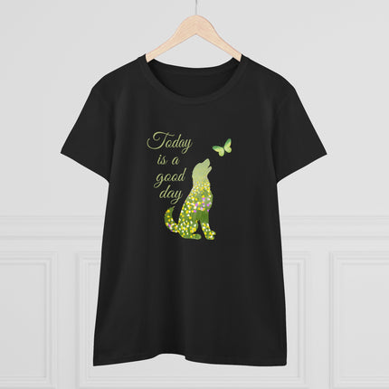 Black t-shirt with a dog and butterfly graphic and 'Today is a good day' text on a white background