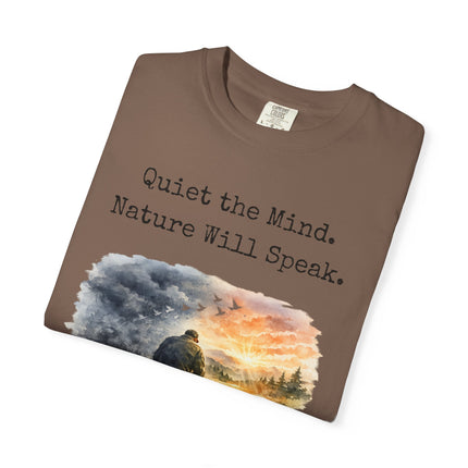 Brown t-shirt with nature-themed design and text on a white background