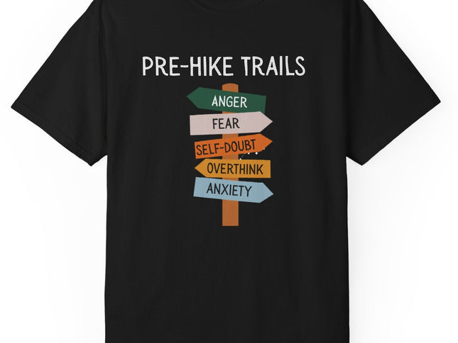 Black t-shirt with 'Pre-Hike Trails' graphic and colorful signs on a white background