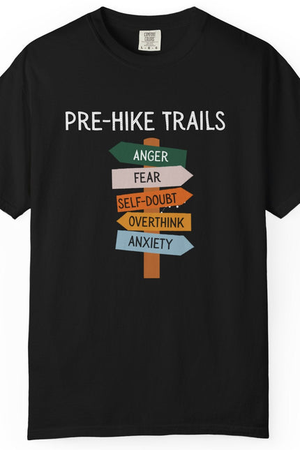 Black t-shirt with 'Pre-Hike Trails' graphic and colorful signs on a white background