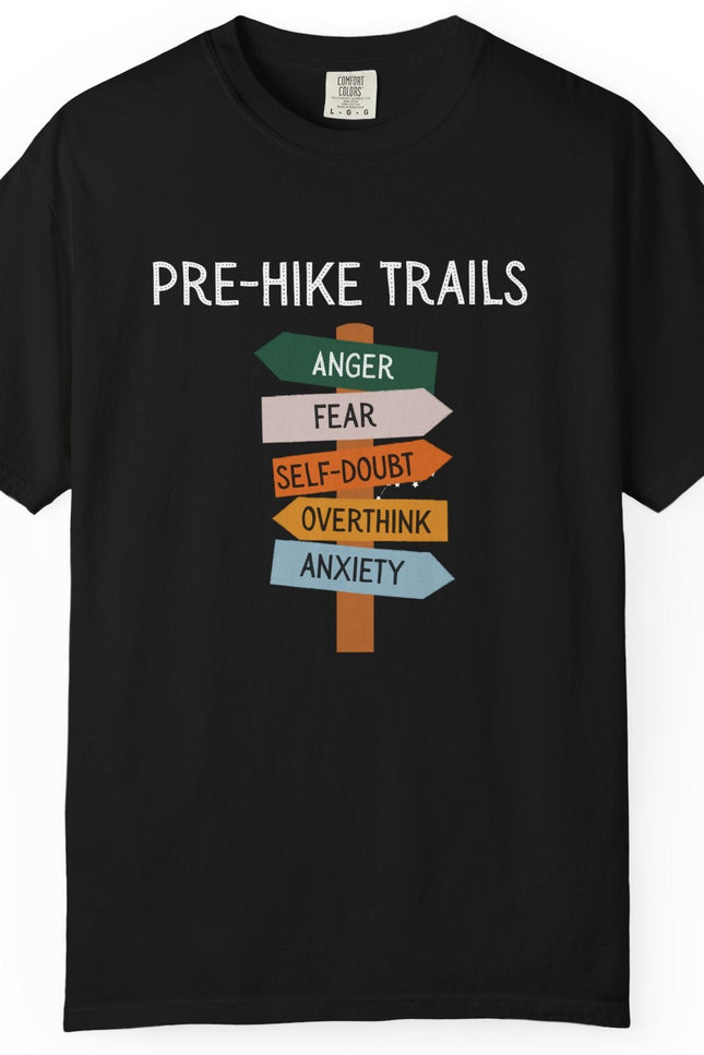 Black t-shirt with 'Pre-Hike Trails' graphic and colorful signs on a white background