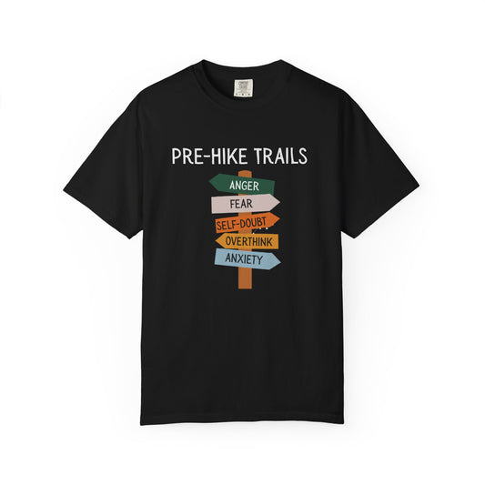 Black t-shirt with 'Pre-Hike Trails' graphic and colorful signs on a white background