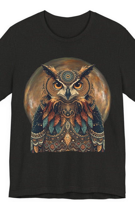 Black t-shirt with a colorful owl design on a white background