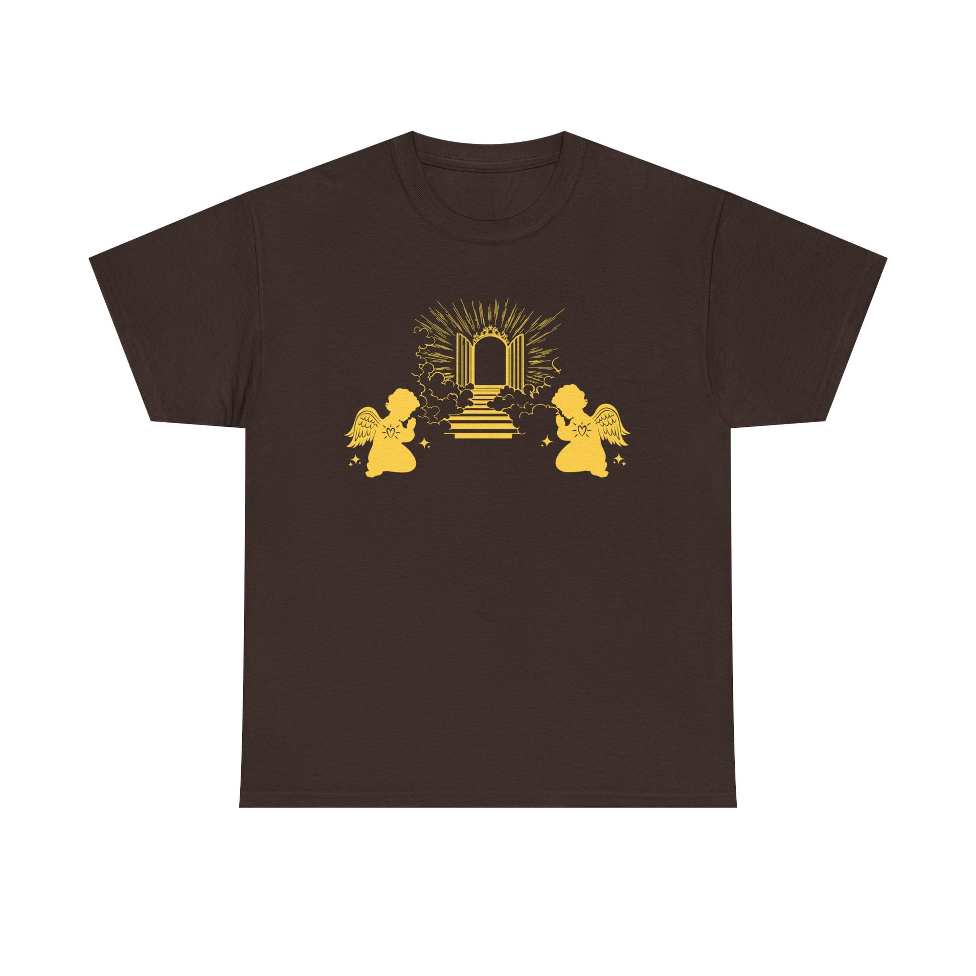 Brown t-shirt with two gold angels praying at Heaven's Gate design on a white background