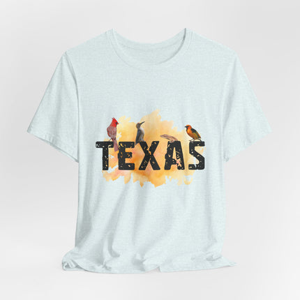 light blue t-shirt with 'Texas' graphic design on a light gray background