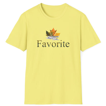 Yellow t-shirt with a colored fall leaf graphic design and the word 'Favorite' on a white background