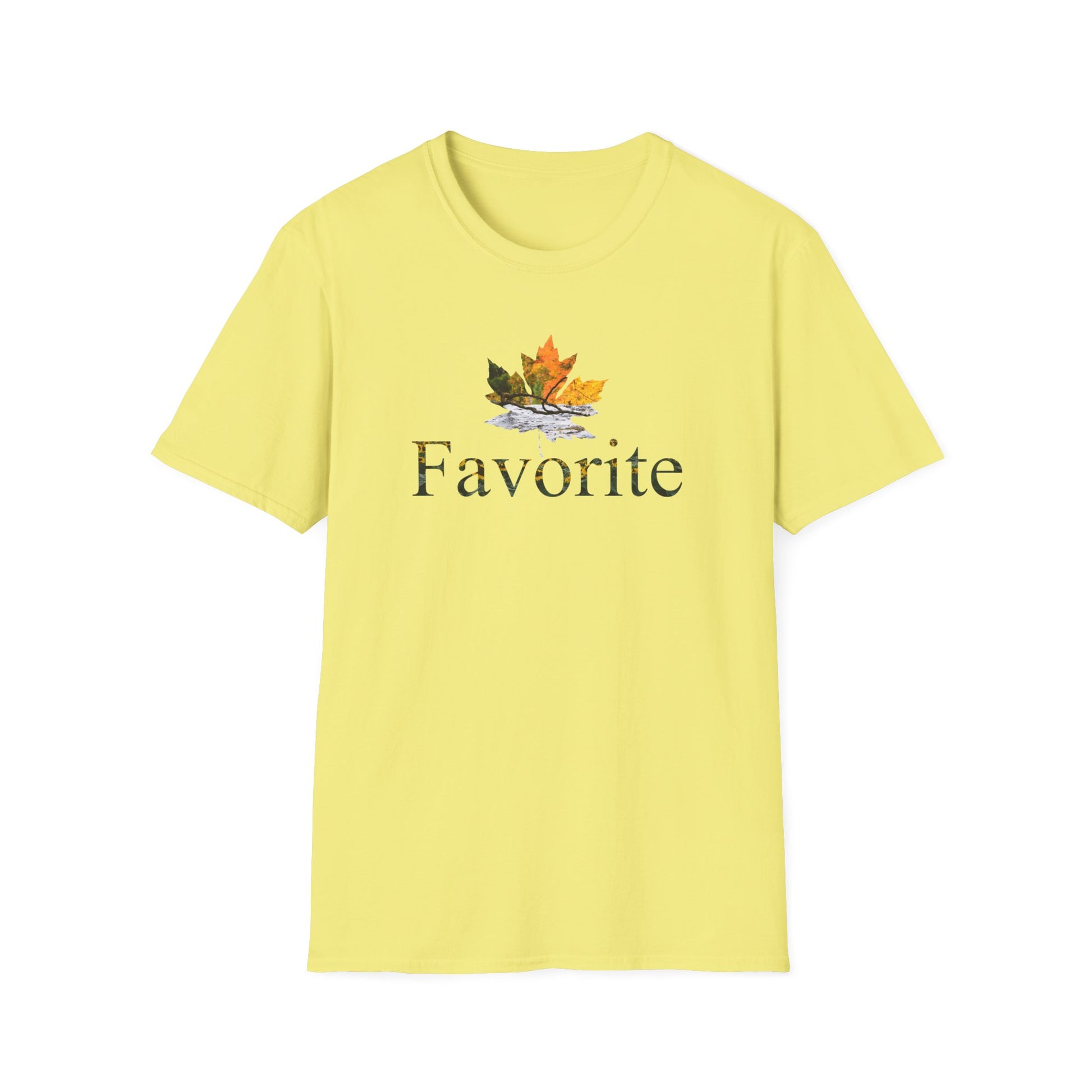 Yellow t-shirt with a colored fall leaf graphic design and the word 'Favorite' on a white background