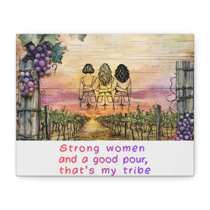 Artistic depiction of the memory of three women visiting a vineyard background and text 'Strong women and a good pour, that's my tribe'.