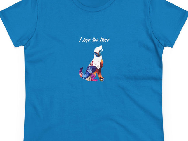 Blue t-shirt with a graphic design and text on a white background
