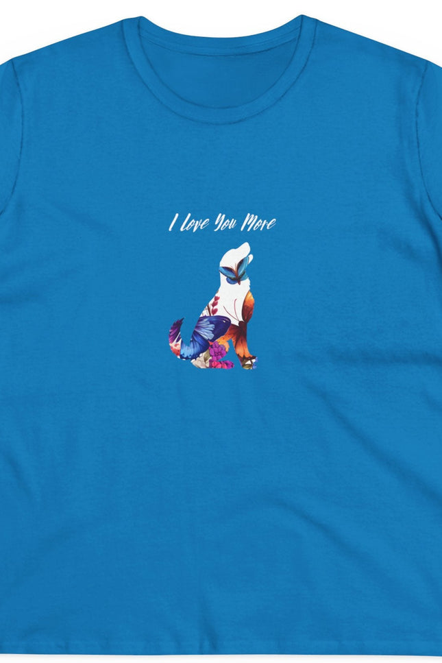 Blue t-shirt with a graphic design and text on a white background