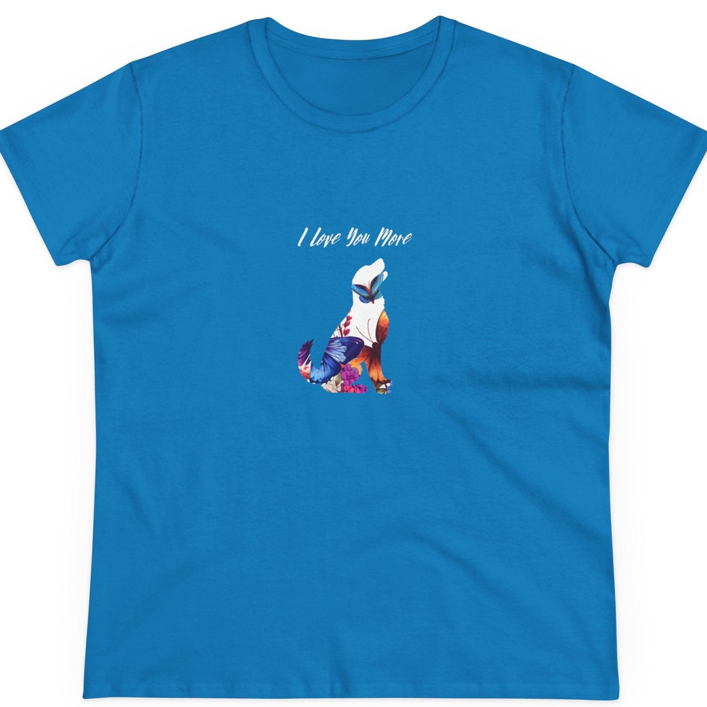Blue t-shirt with a graphic design and text on a white background