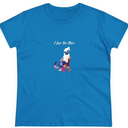 Blue t-shirt with a graphic design and text on a white background