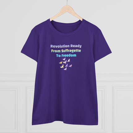 Purple t-shirt with text of Revolution Ready From Suffragette To Freedom and dove graphics on a white background