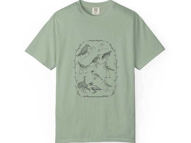 Light green t-shirt with graphic design and text on a white background