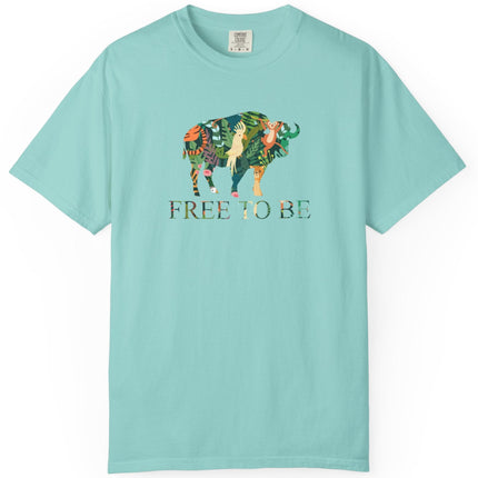 Mint Green t-shirt with a colorful graphic of a buffalo and text 'FREE TO BE' on a white background