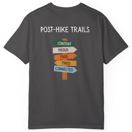 Back of gray t-shirt with 'Post-Hike Trails' text and sign graphics on a white background