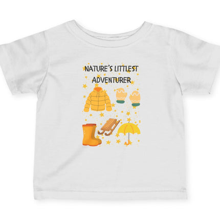 White t-shirt with 'Nature's Little Adventurer' text and outdoor-themed graphics on a white background