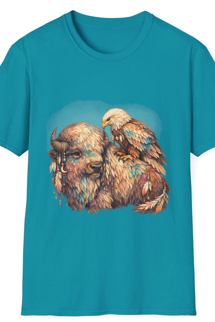 Teal t-shirt with a graphic of a bison and eagle on a white background