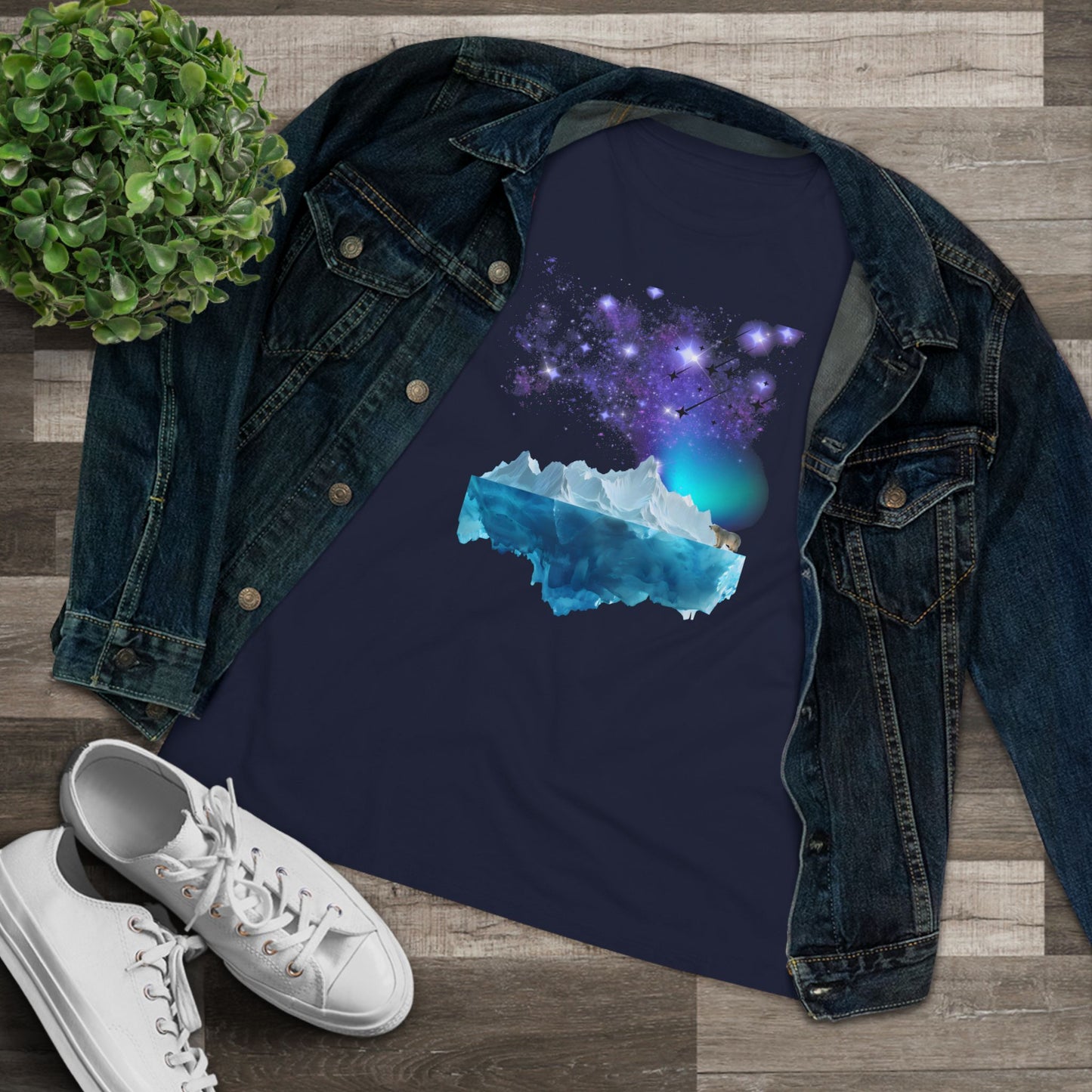 Northern Lights Polar Bear Tee Aurora Sky & Iceberg Women's Cotton T-Shirt
