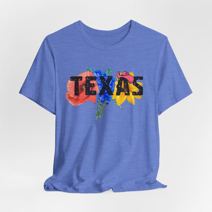 Blue t-shirt with 'TEXAS' graphic design on a light gray background