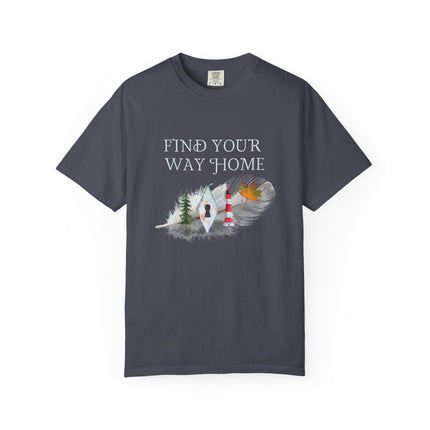 A navy crewneck t-shirt with a graphic on the chest that reads 'FIND YOUR WAY HOME' above a scenic illustration of a lighthouse, a keyhole, a tree, and a leaf on a feather.