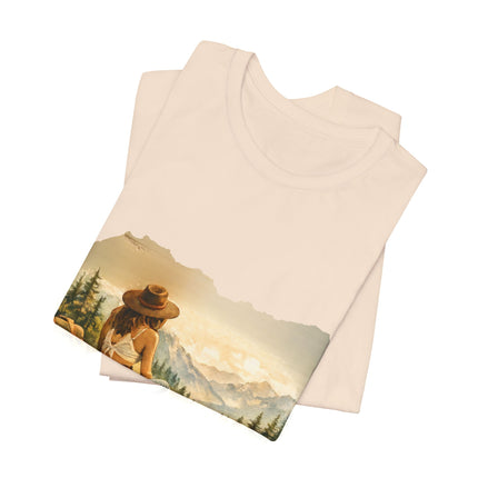 Slow, Free Peace Sign Tee 1970s Female Backpacker Retro Travel Unisex T-Shirt