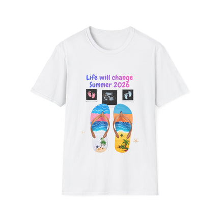 White t-shirt with flip-flop design and text 'Life will change Summer 2026' on a white background