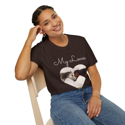 Woman sitting in a chair posting with the t-shirt stating My Loves with horses.