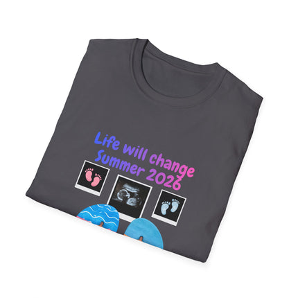Folded dark gray t-shirt with baby ultrasound images and text 'Life will change Summer 2026' on a white background