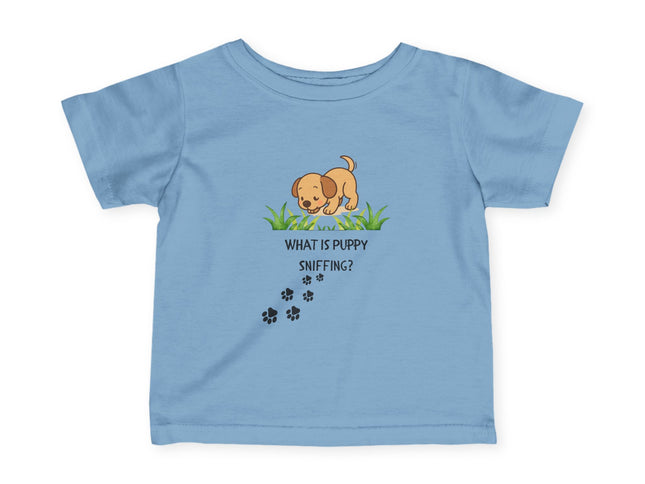 Light blue t-shirt with a puppy graphic and text on a white background