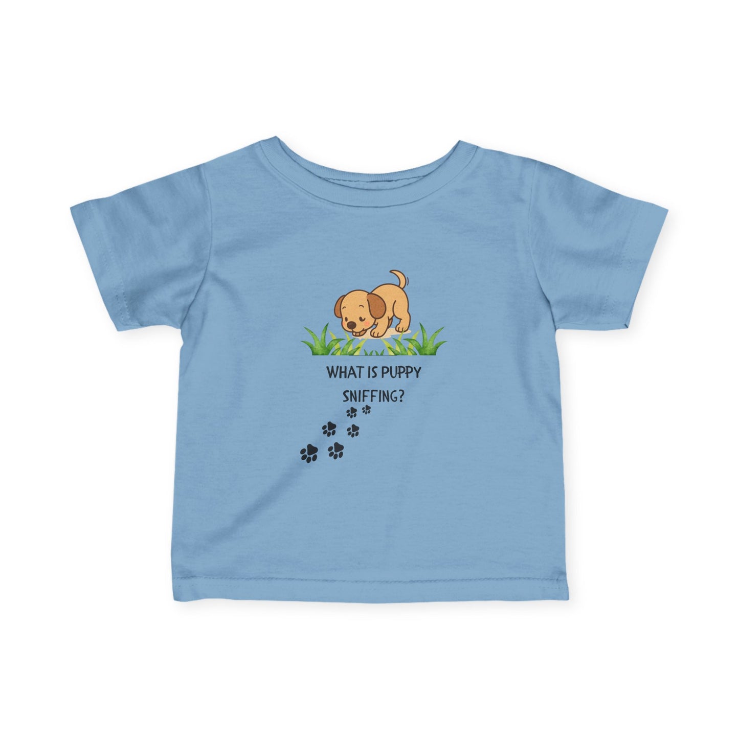 Light blue t-shirt with a puppy graphic and text on a white background