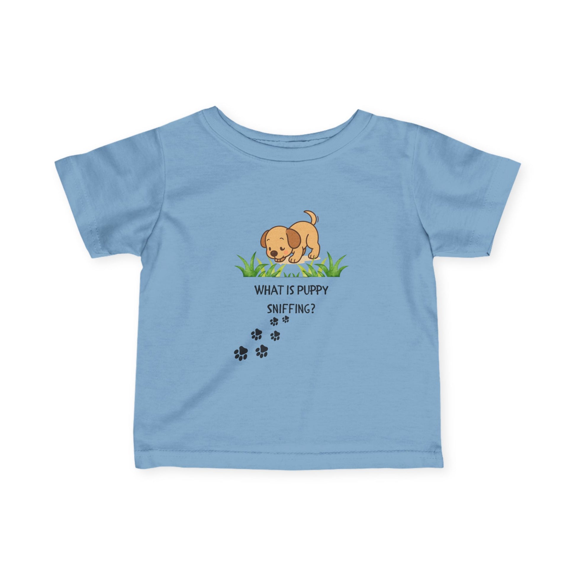 Light blue t-shirt with a puppy graphic and text on a white background