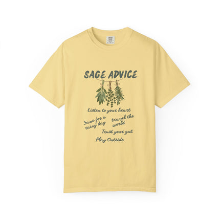 A pale yellow short-sleeve t-shirt with a dark green graphic print on the front featuring the text 'SAGE ADVICE' and a list of  sayings such as "Listen to your Heart" with illustrations of hanging sage leaves.