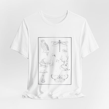 A white short-sleeve crewneck t-shirt with a black line art graphic print on the front showing various nature illustrations including a bird, dragonfly, swans, deer, and mushrooms.