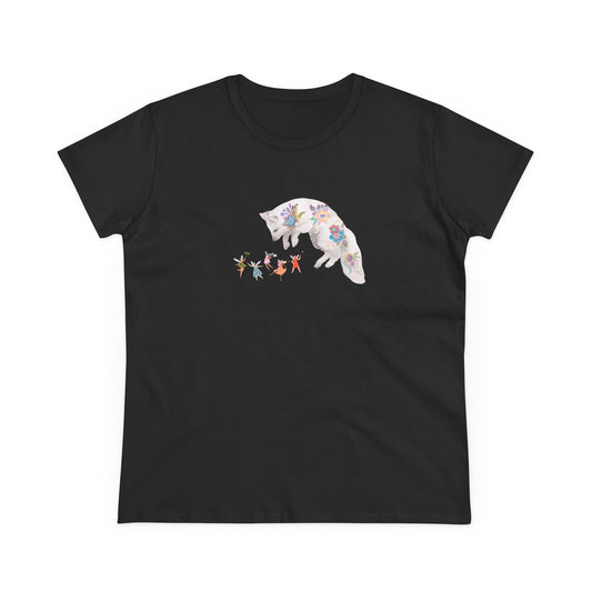 Black T-shirt with a playful fox covered in batik flowers staring at winged fairies.