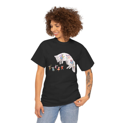Woman wearing a black t-shirt with a colorful fox and fairy design on a white background