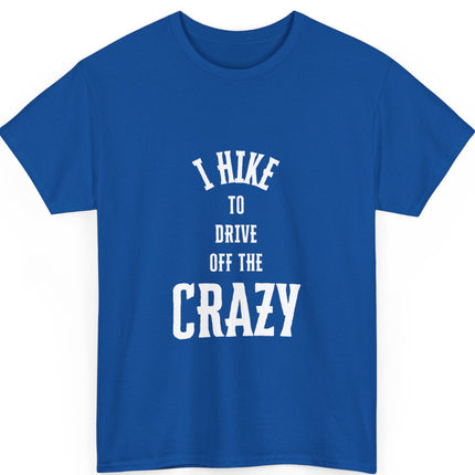 Blue t-shirt with white text on a white background