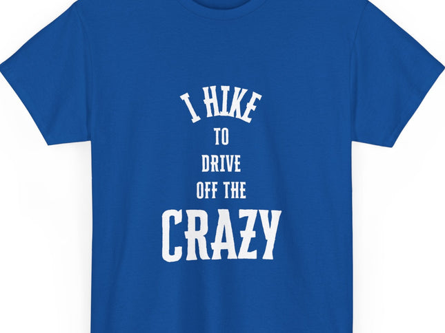 Blue t-shirt with white text on a white background