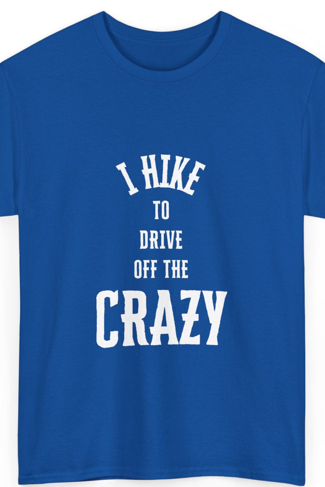 Blue t-shirt with white text on a white background